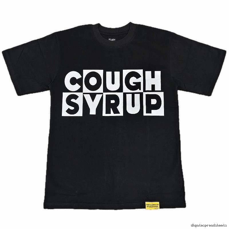 Black street-style short-sleeve T-shirt with COUGH SYRUP print