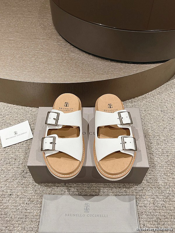 Brunello Cucinelli Double-Button Minimalist-Style White Slide Sandals