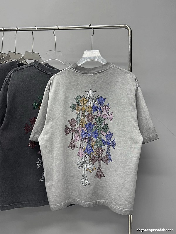 Chrome Hearts Cross Hot-Fix Rhinestone Street Style Light Grey T-Shirt