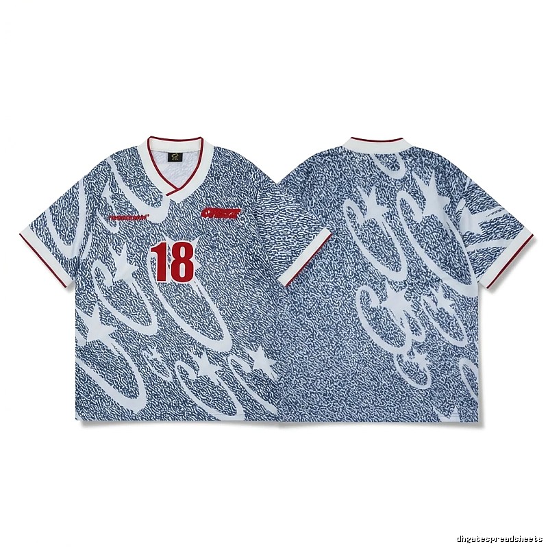 Corteiz-printed retro-style blue and white short-sleeve shirt