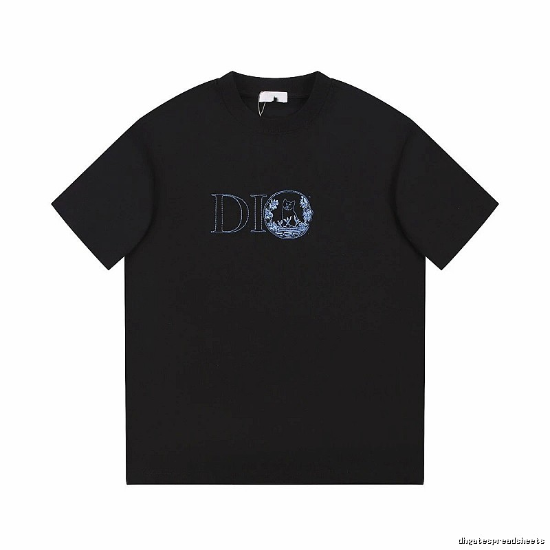 Dior Cat-Embroidered Casual Black T-Shirt