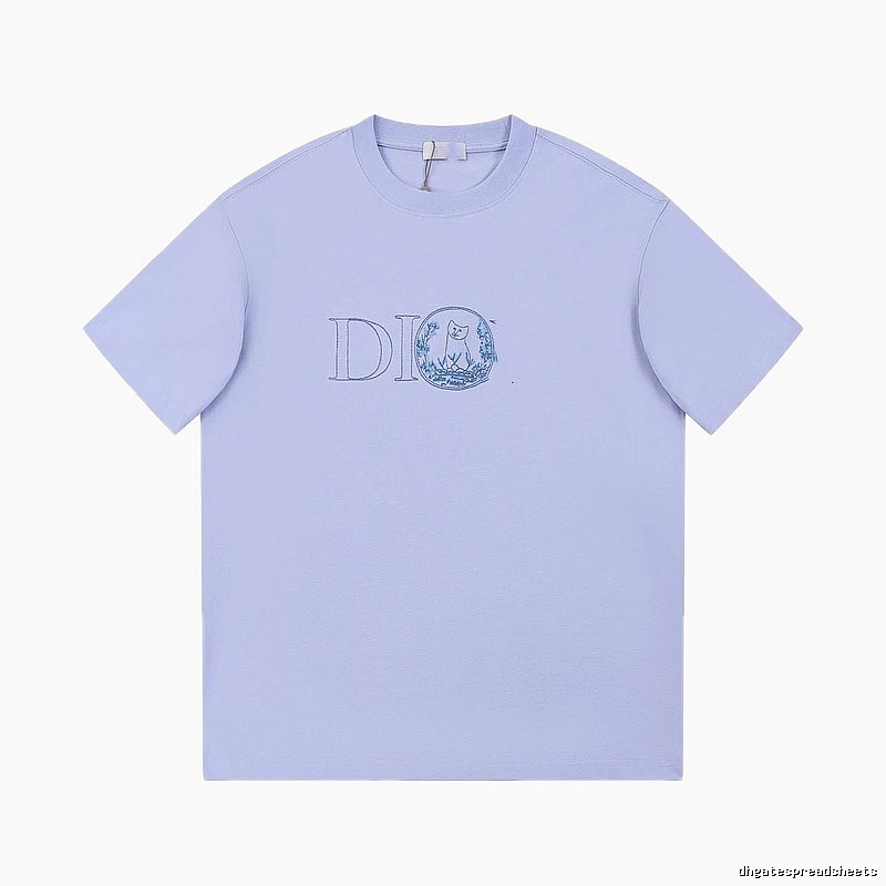 Dior Cat-Embroidered Casual Light Purple Short-sleeve T-Shirt