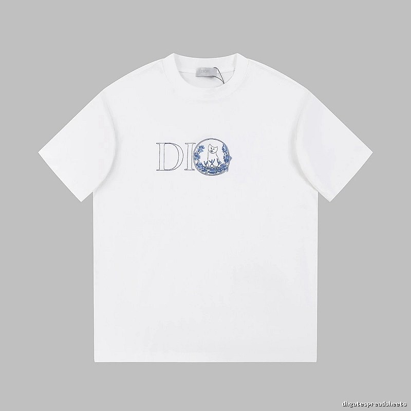 Dior Cat-Embroidered Light Luxury Style White Short-sleeve T-shirt