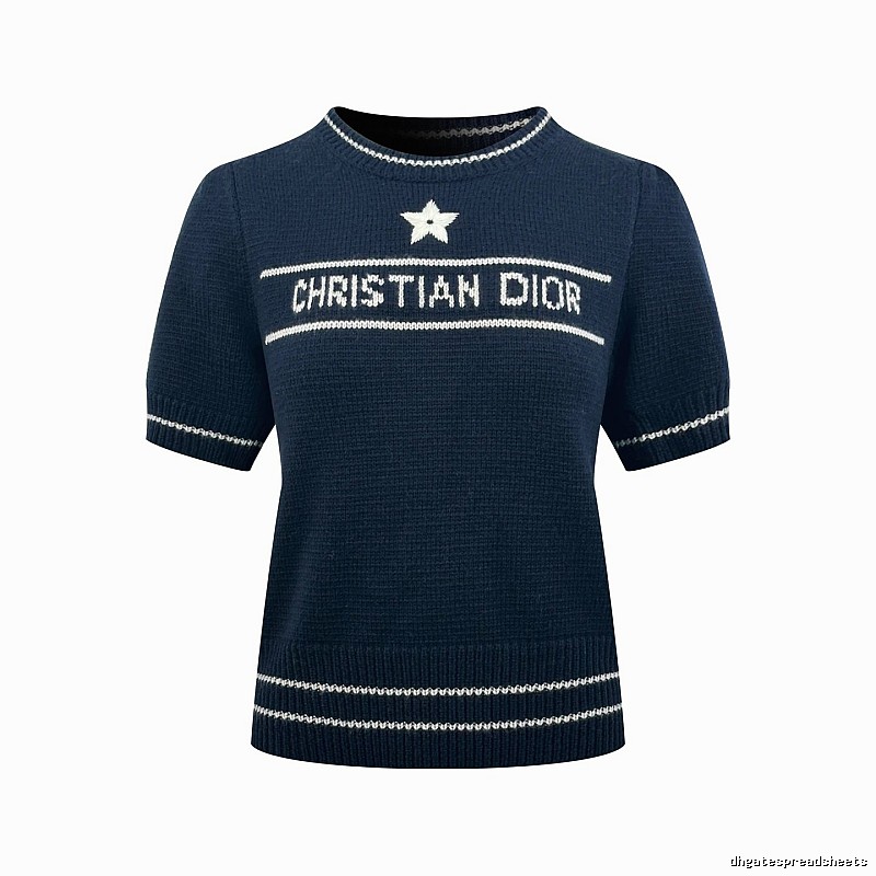 Dior Short Sleeve Knit Sweater with Cream Trim and Star Detail