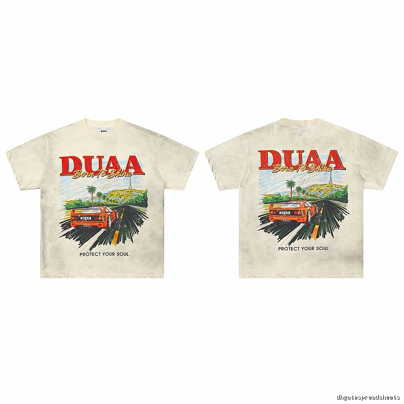 DUAA Sports Car Print American Retro Off-white Short Sleeve T-Shirt
