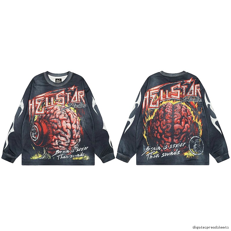 Hellstar Brain Print Street Style Charcoal Black Long-Sleeve T-Shirt