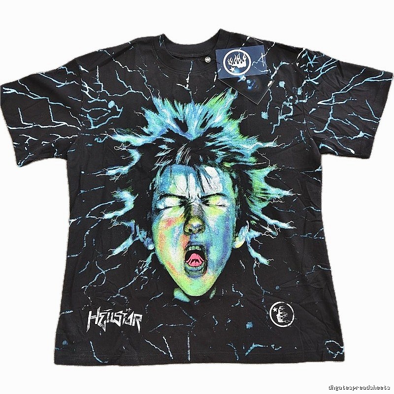 Hellstar Lightning Portrait Street Style Black & Blue T-Shirt