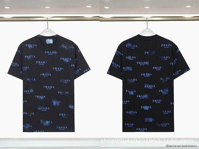 Prada All-over Printed Streetwear Style Black Short-sleeve T-shirt