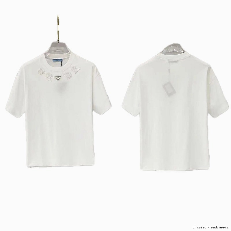 Prada Embroidered Minimalist Style White Short-sleeved T-shirt