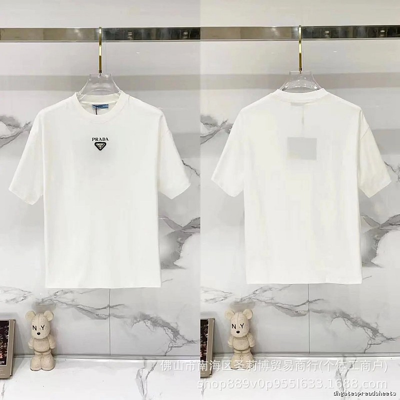 Prada Triangular Logo Minimalist Style White Short-sleeve T-shirt