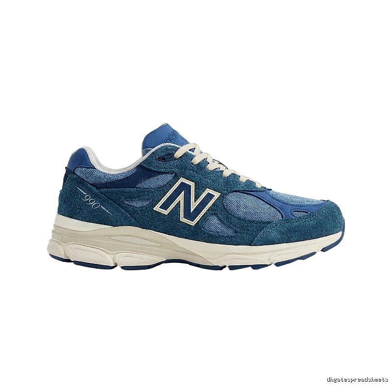 The retro-style blue shoes of the New Balance 990 series.