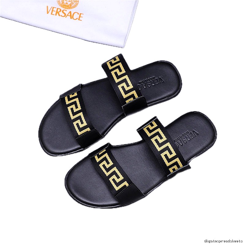 Versace Greek Key Light Luxury Black & Gold Slide Slippers